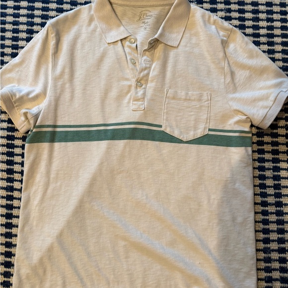 J.Crew Beige Green Stripe Polo Shirt Men’s Medium - Picture 1 of 8